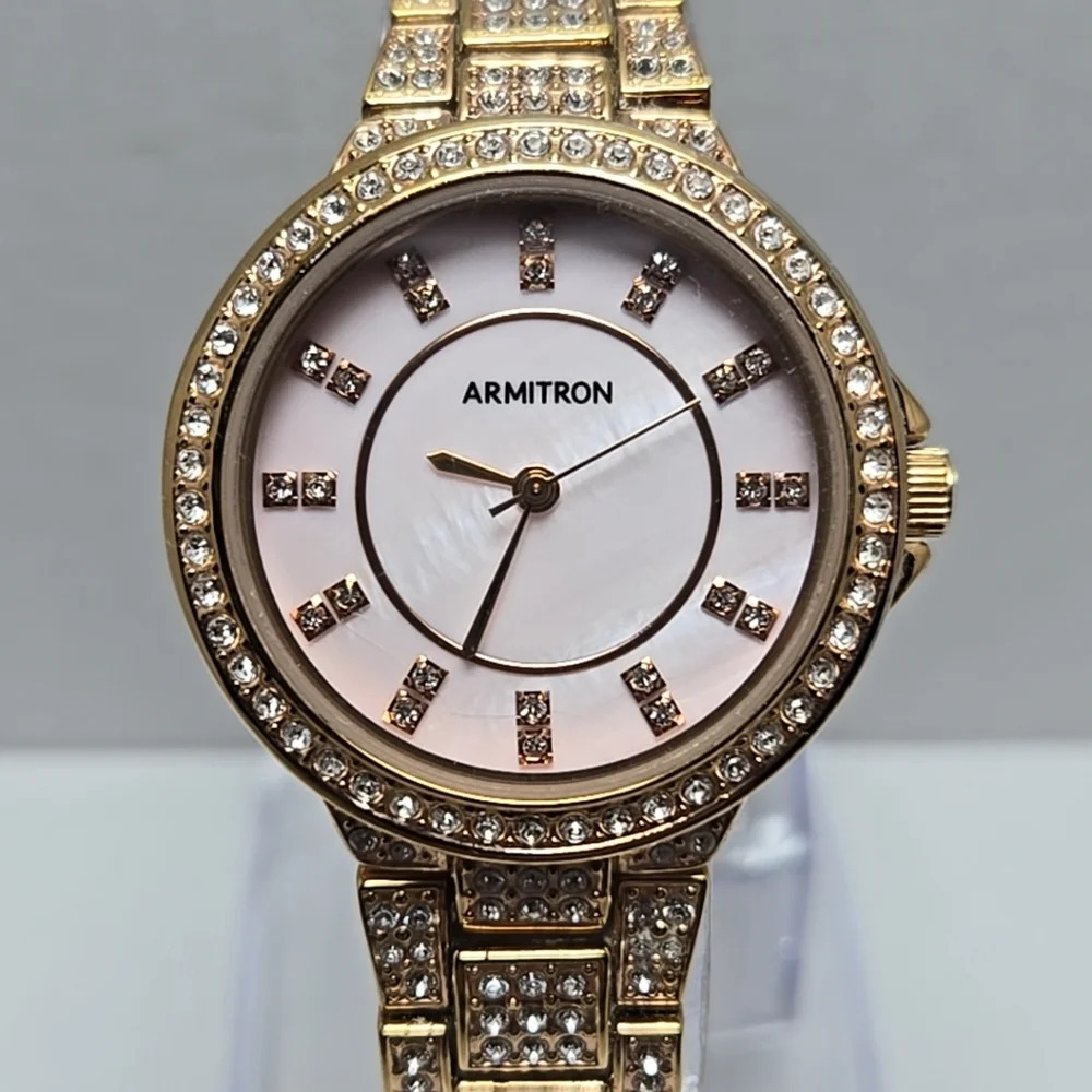 Womens Armitron Crystal Rose Gold Tone Bezel Pink Dial New Battery 32mm 75/5217
